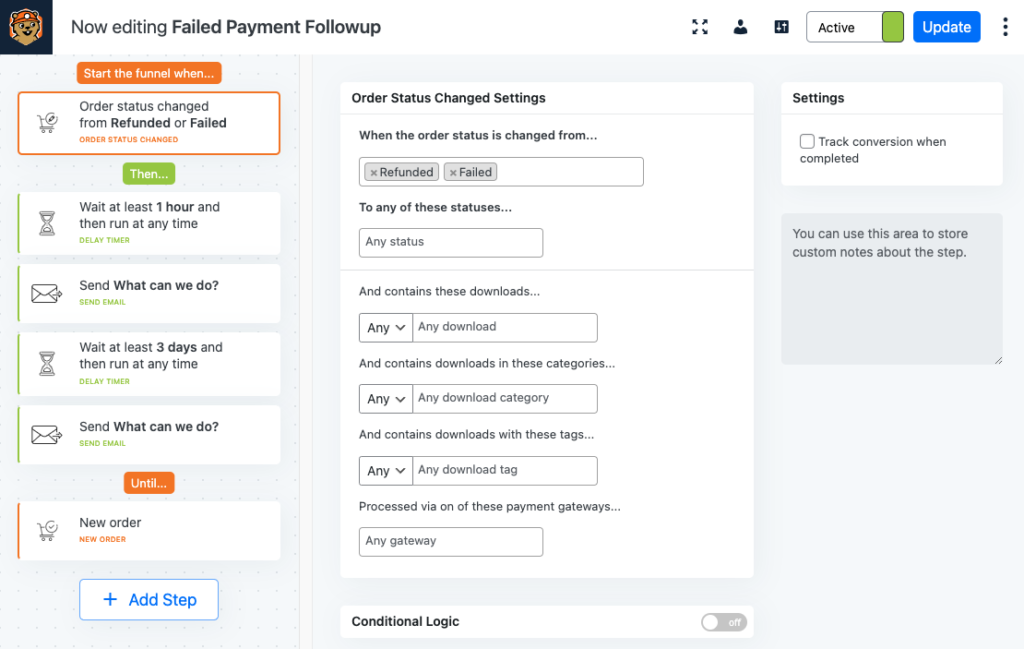 Failed Payment Followup - Funnel containing Order Status Change benchmark, Delay Timer(s) actions, Sent Email actions and New Order benchmark