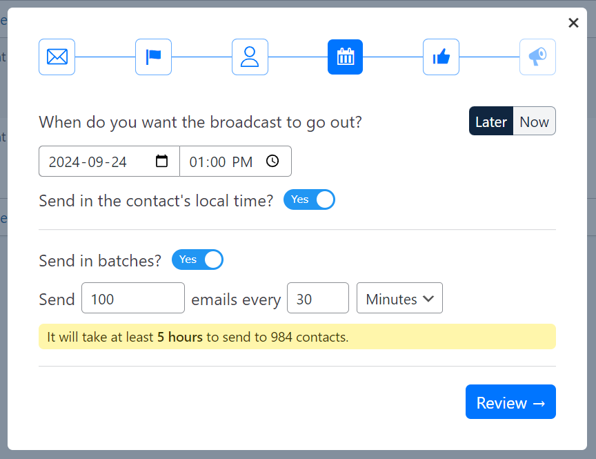 screenshot of the broadcast batch settings